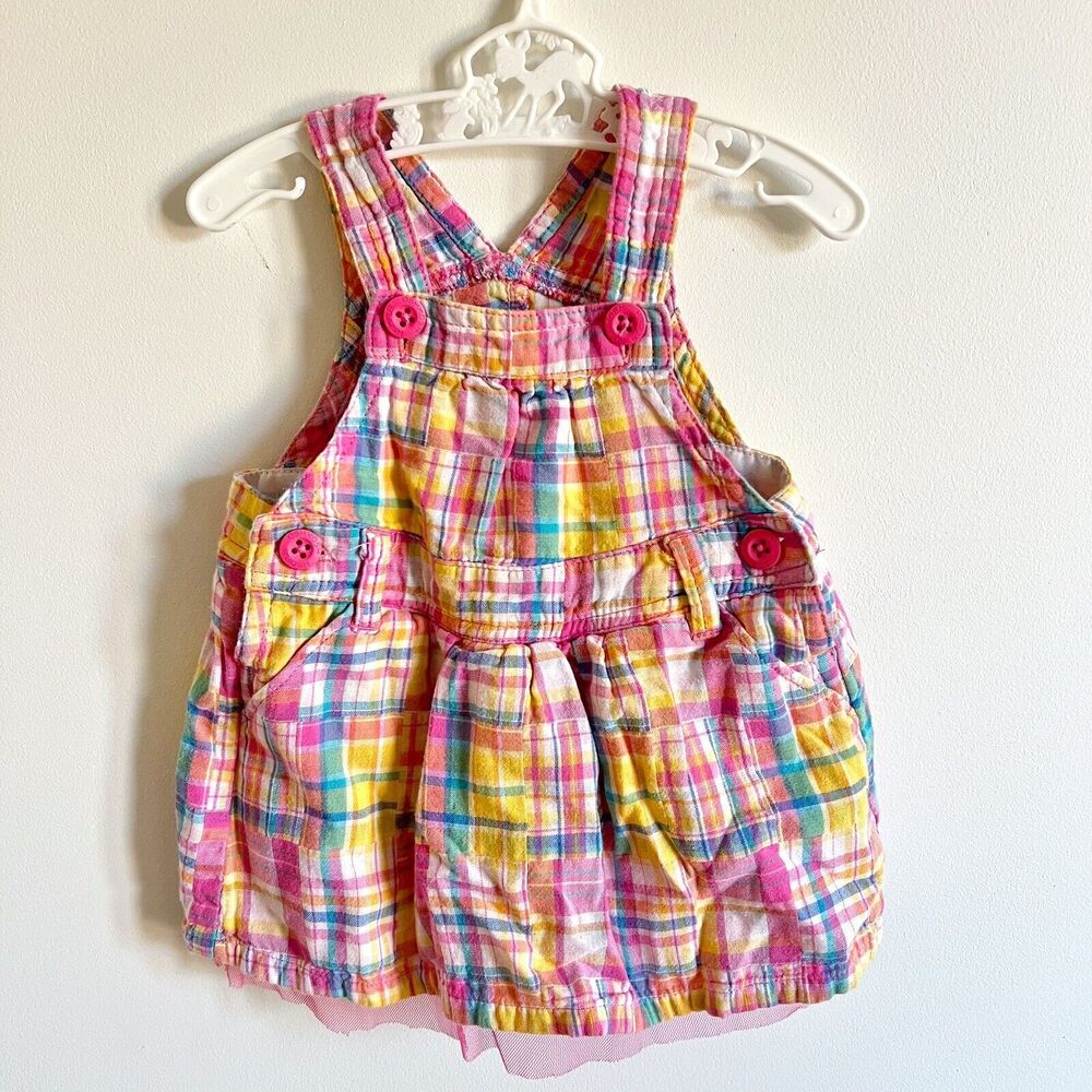 Y2K Oshkosh B’Gosh Girls 6M Pink Blue Yellow Plaid Tulle Lined Vest-back Dress
